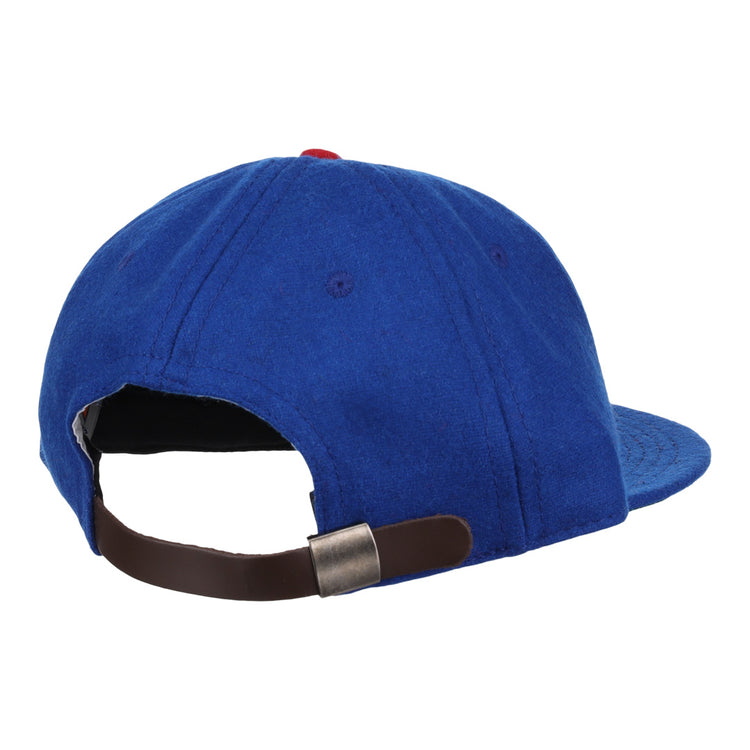 The EFF Wichita Aeros 1972 Vintage Ballcap is shown from the back, in blue, and features a brown leather adjustable strap with a metal clasp.