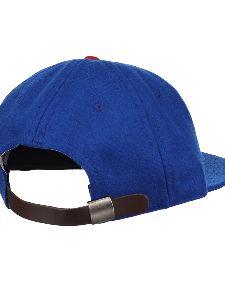 The EFF Wichita Aeros 1972 Vintage Ballcap is shown from the back, in blue, and features a brown leather adjustable strap with a metal clasp.