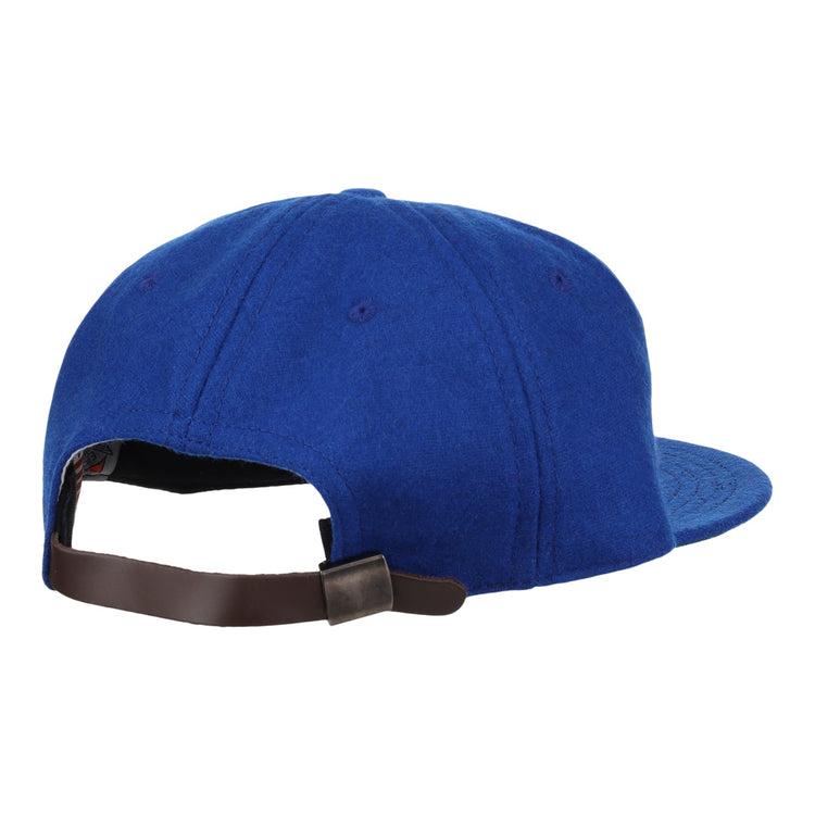 An authentic EFF Oklahoma City 89ers 1994 Vintage Ballcap in blue, viewed from the back, with a brown adjustable leather strap and metal clasp.