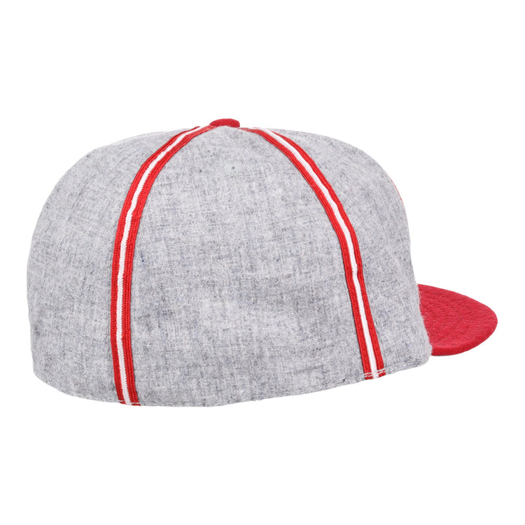 The Daytona Beach Islanders 1936 Vintage Ballcap by Ebbets Field Flannels features a gray crown with red and white stripes, a solid red brim, and is shown from the back on a white background—an authentic reproduction of the original.