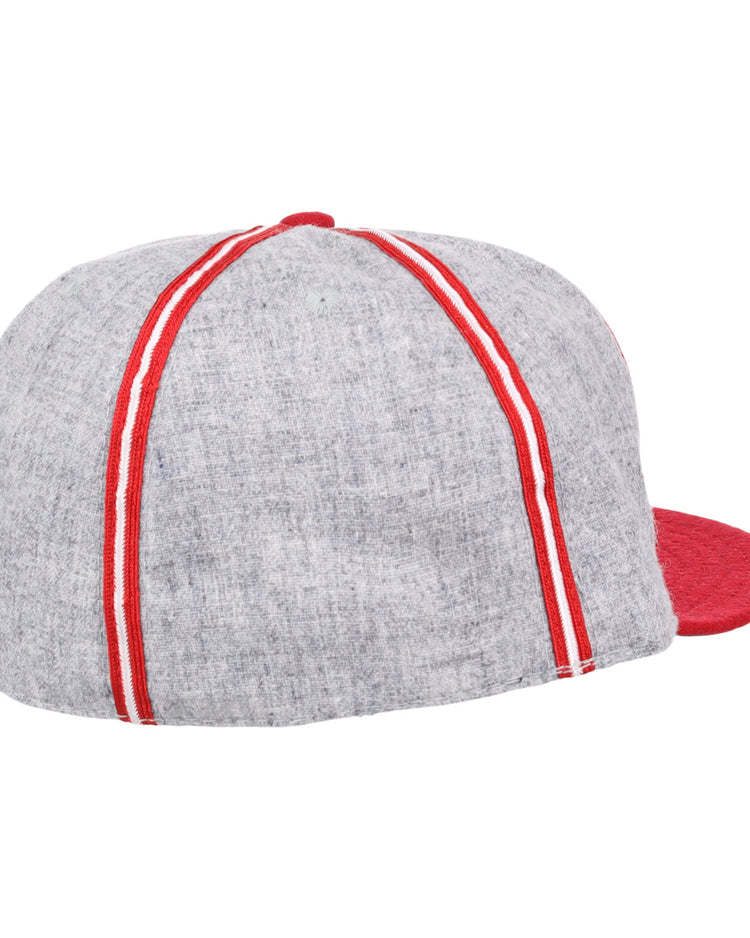 The Daytona Beach Islanders 1936 Vintage Ballcap by Ebbets Field Flannels features a gray crown with red and white stripes, a solid red brim, and is shown from the back on a white background—an authentic reproduction of the original.