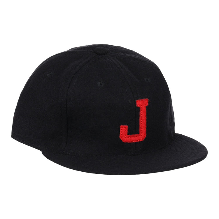 The EFF Jackson Generals 1953 Vintage Ballcap is a black wool cap featuring a red embroidered J, inspired by the classic 1953 Jackson Generals baseball team.