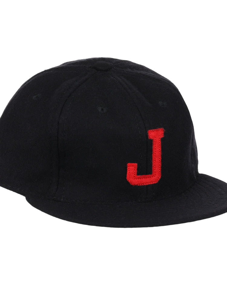 The EFF Jackson Generals 1953 Vintage Ballcap is a black wool cap featuring a red embroidered J, inspired by the classic 1953 Jackson Generals baseball team.