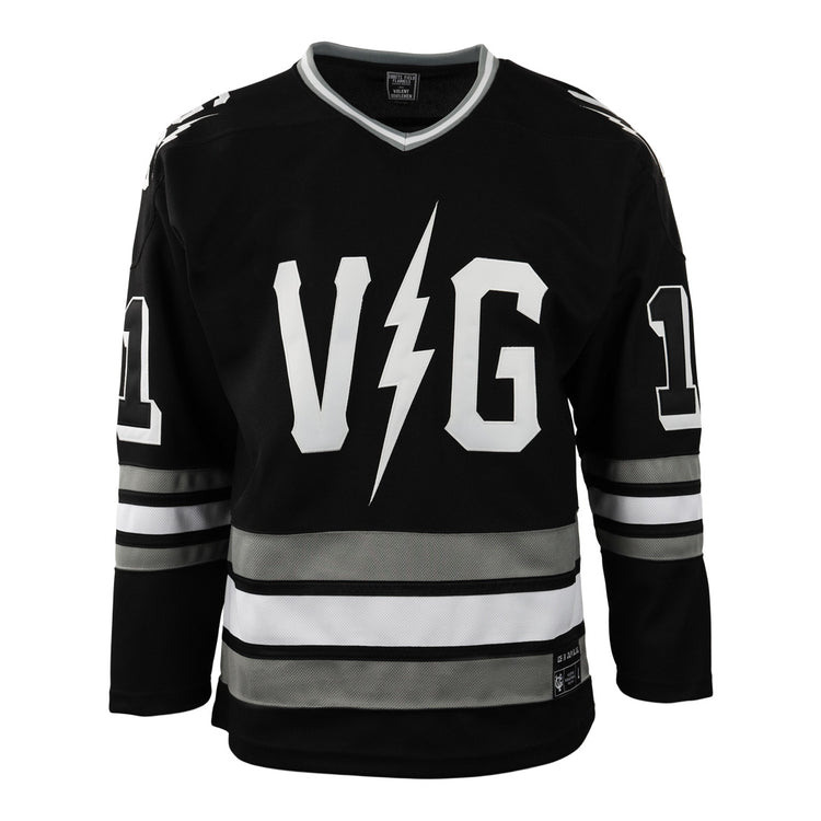 The Violent Gentlemen x EFF Collection Hockey Jersey by EFF features a black design with white and gray stripes, bold V and G letters split by a lightning bolt on the front, and the number 11 on both sleeves.