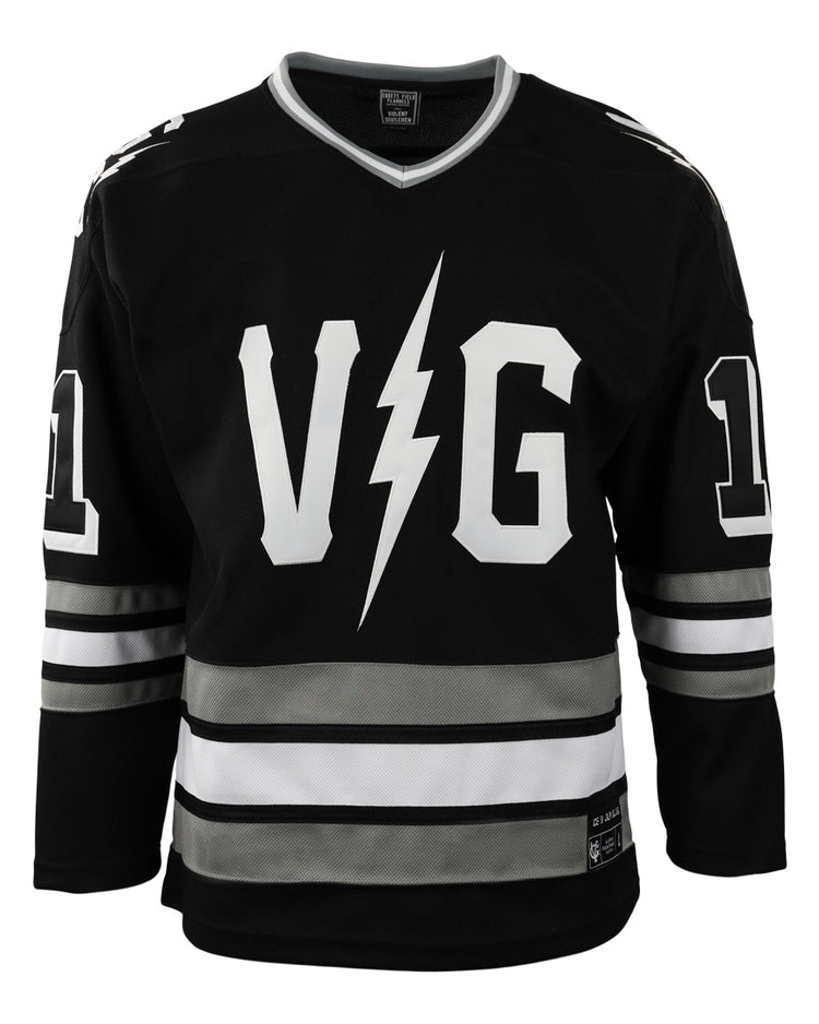 The Violent Gentlemen x EFF Collection Hockey Jersey by EFF features a black design with white and gray stripes, bold V and G letters split by a lightning bolt on the front, and the number 11 on both sleeves.