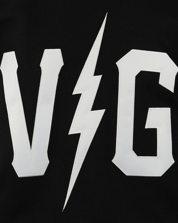 Bold white letters V and G with a lightning bolt on black—ideal for fans of the EFF Violent Gentlemen x EFF Collection Hockey Jersey or anyone who loves unique hockey apparel.
