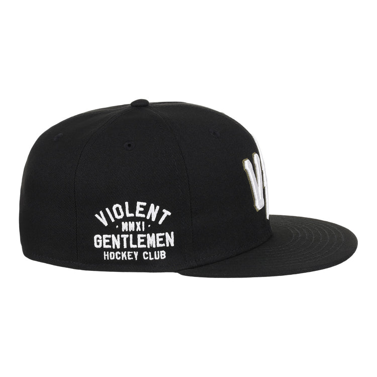 The EFF Violent Gentlemen x EFF Collection Fitted Ballcap features white embroidered Violent Gentlemen MMXI Hockey Club text on the side—a standout piece of hockey apparel for any fan.
