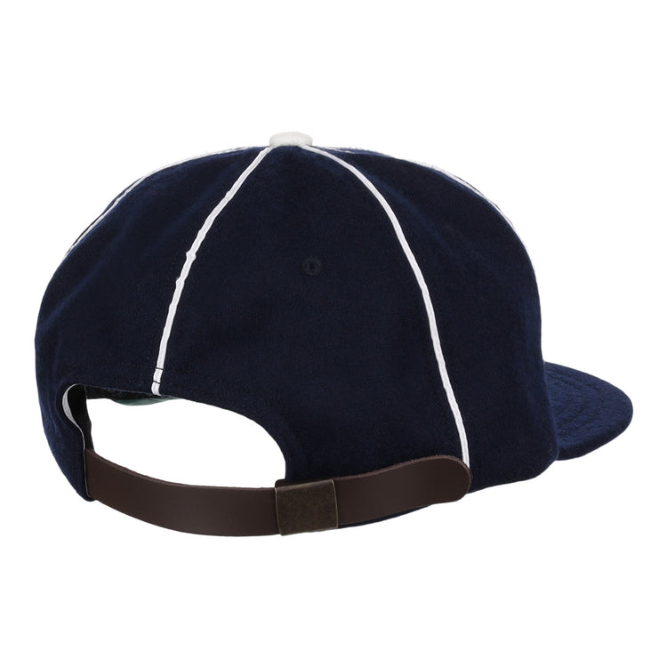 The EFF Indianapolis Indians 1935 Vintage Ballcap in navy blue is shown from the back, with white seams, a dark brown adjustable strap, and a metal clasp.