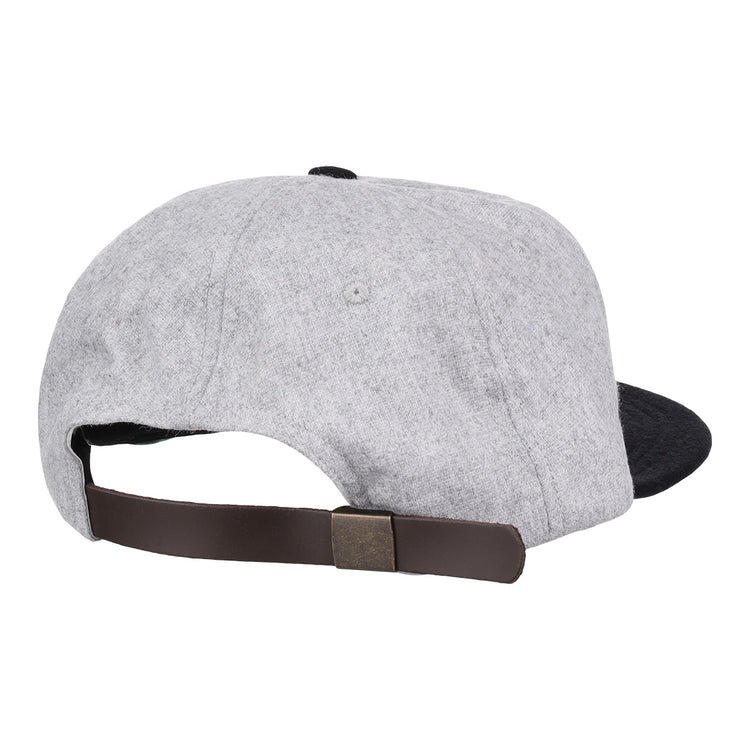 The St. Paul Gophers 1909 Vintage Ballcap by Ebbets Field Flannels features a grey finish, black brim, dark adjustable leather strap with brass buckle, and is an authentic reproduction inspired by the original 1909 design.