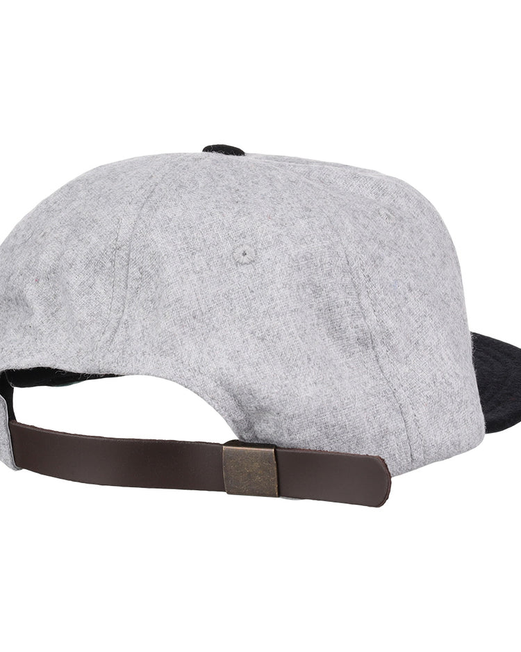 The St. Paul Gophers 1909 Vintage Ballcap by Ebbets Field Flannels features a grey finish, black brim, dark adjustable leather strap with brass buckle, and is an authentic reproduction inspired by the original 1909 design.