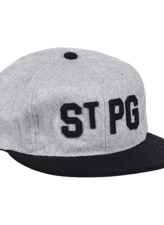 The St. Paul Gophers 1909 Vintage Ballcap by Ebbets Field Flannels features a gray crown, black brim, and bold black “ST PG” letters—an authentic reproduction inspired by the classic 1909 design.