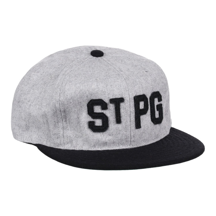 The St. Paul Gophers 1909 Vintage Ballcap by Ebbets Field Flannels features a gray crown, black brim, and bold black “ST PG” letters—an authentic reproduction inspired by the classic 1909 design.