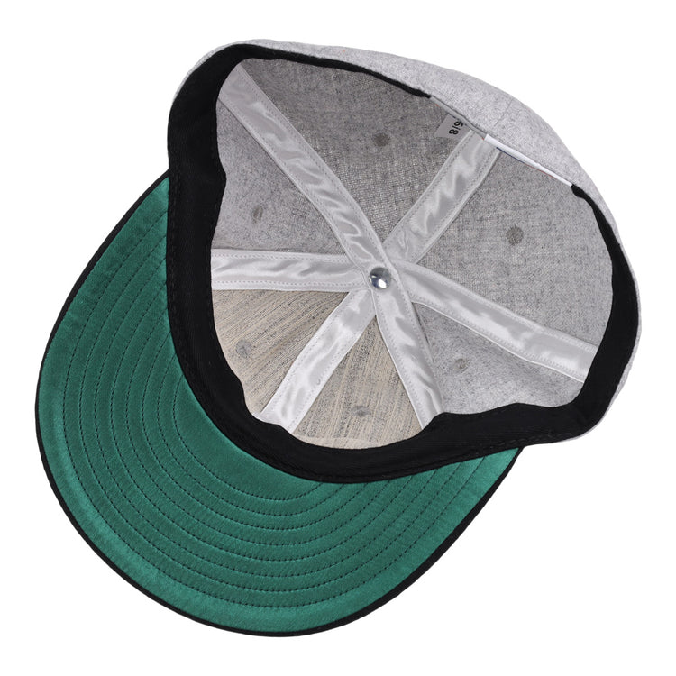 The Ebbets Field Flannels St. Paul Gophers 1909 Vintage Ballcap features a grey crown, green underbrim, black inner band, and white stitched panels and seams—authentically reproducing the original 1909 design.