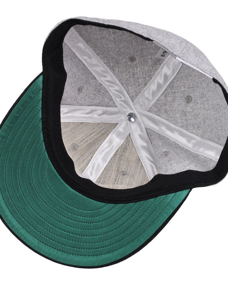 The Ebbets Field Flannels St. Paul Gophers 1909 Vintage Ballcap features a grey crown, green underbrim, black inner band, and white stitched panels and seams—authentically reproducing the original 1909 design.