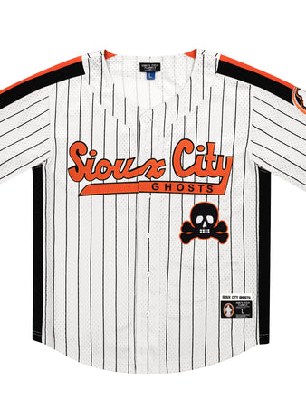 The EFF Sioux City Ghosts Pinstripe Button Down Jersey features white pinstripes, Sioux City Ghosts in orange and black across the chest, a skull and crossbones logo, black side panels, and a left sleeve logo patch.