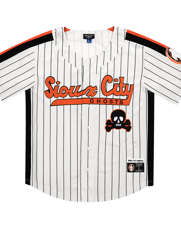 The EFF Sioux City Ghosts Pinstripe Button Down Jersey features white pinstripes, Sioux City Ghosts in orange and black across the chest, a skull and crossbones logo, black side panels, and a left sleeve logo patch.