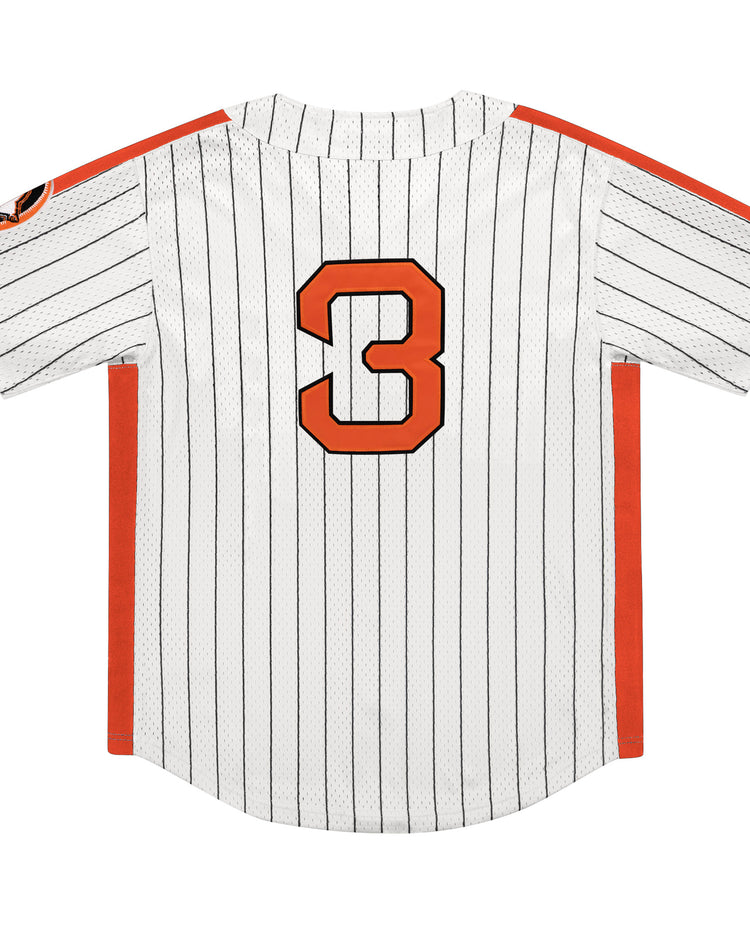 Part of the EFF Pinstripe Collection, the Sioux City Ghosts EFF Pinstripe Button Down Jersey features black pinstripes, red-orange side panels, and a bold black-outlined number 3 on the back—honoring the Sioux City Ghosts legacy.