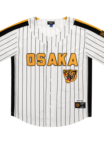 The Osaka Tigers EFF Pinstripe Button Down Jersey by EFF features white pinstripes, OSAKA in yellow across the chest, a snarling tiger logo below, and black and yellow sleeve accents—ideal for any Osaka Tigers fan.