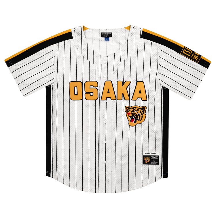 The Osaka Tigers EFF Pinstripe Button Down Jersey by EFF features white pinstripes, OSAKA in yellow across the chest, a snarling tiger logo below, and black and yellow sleeve accents—ideal for any Osaka Tigers fan.
