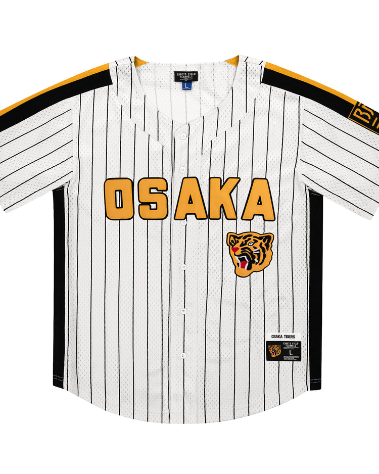 The Osaka Tigers EFF Pinstripe Button Down Jersey by EFF features white pinstripes, OSAKA in yellow across the chest, a snarling tiger logo below, and black and yellow sleeve accents—ideal for any Osaka Tigers fan.