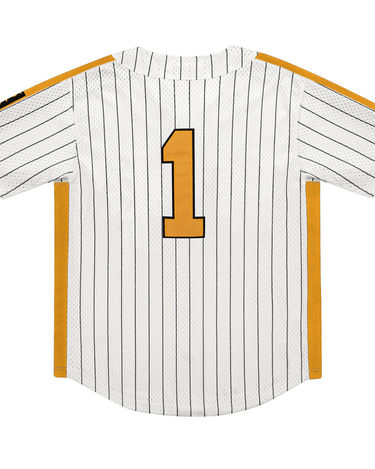The EFF Osaka Tigers EFF Pinstripe Button Down Jersey features a white base, black pinstripes, gold side panels and accents, and a large gold number 1 outlined in black on the back.