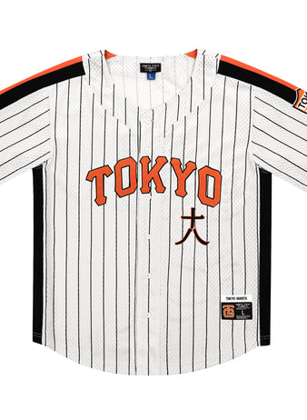The EFF Tokyo Giants Pinstripe Button Down Jersey features black pinstripes, bold orange TOKYO lettering on the chest, black and orange sleeve stripes, and a left-sleeve Tokyo Giants patch with a baseball and TOKYO.