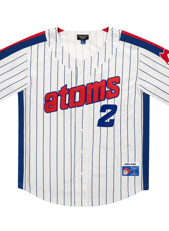 The Sankei Atoms EFF Pinstripe Button Down Jersey by EFF features blue vertical stripes, “Atoms” text in blue and red, blue number 2, blue side panels, and a red atom patch on the left sleeve for an authentic Atom Boy style.