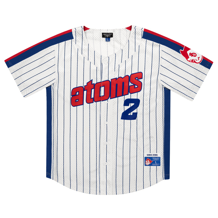 The Sankei Atoms EFF Pinstripe Button Down Jersey by EFF features blue vertical stripes, “Atoms” text in blue and red, blue number 2, blue side panels, and a red atom patch on the left sleeve for an authentic Atom Boy style.