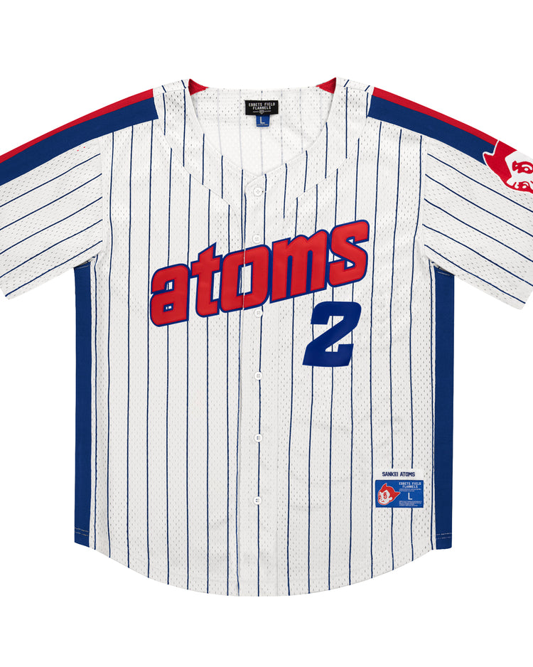 The Sankei Atoms EFF Pinstripe Button Down Jersey by EFF features blue vertical stripes, “Atoms” text in blue and red, blue number 2, blue side panels, and a red atom patch on the left sleeve for an authentic Atom Boy style.