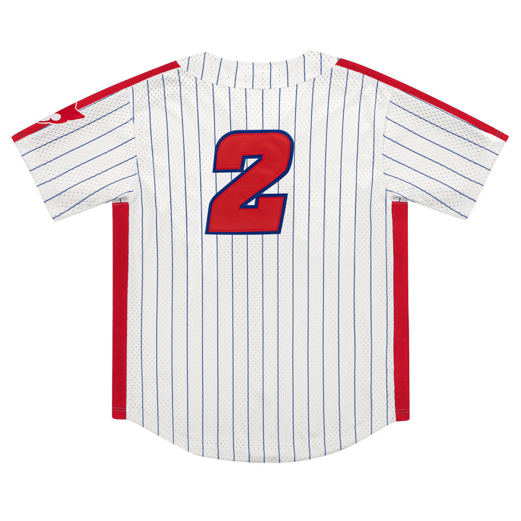 Back view of the Sankei Atoms EFF Pinstripe Button Down Jersey by EFF: white with blue pinstripes, bold red side panels, and a large red and blue number 2 on the back.