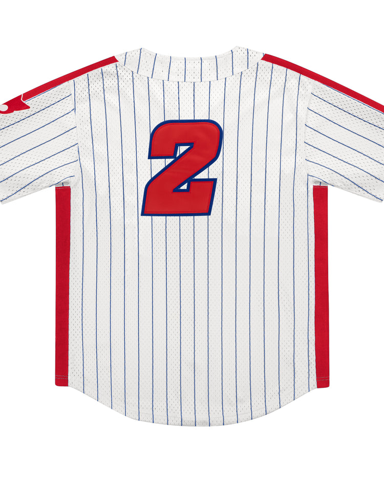 Back view of the Sankei Atoms EFF Pinstripe Button Down Jersey by EFF: white with blue pinstripes, bold red side panels, and a large red and blue number 2 on the back.