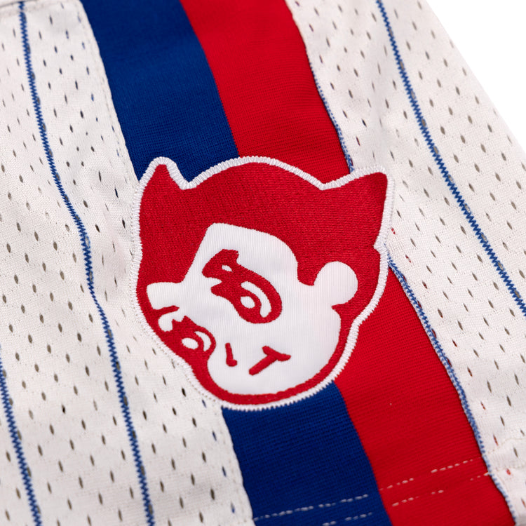 A close-up of the Sankei Atoms EFF Pinstripe Button Down Jersey by EFF shows white mesh with blue pinstripes, a red stripe, and a red and white cartoon face with bold eyebrows inspired by the Atom Boy jersey.