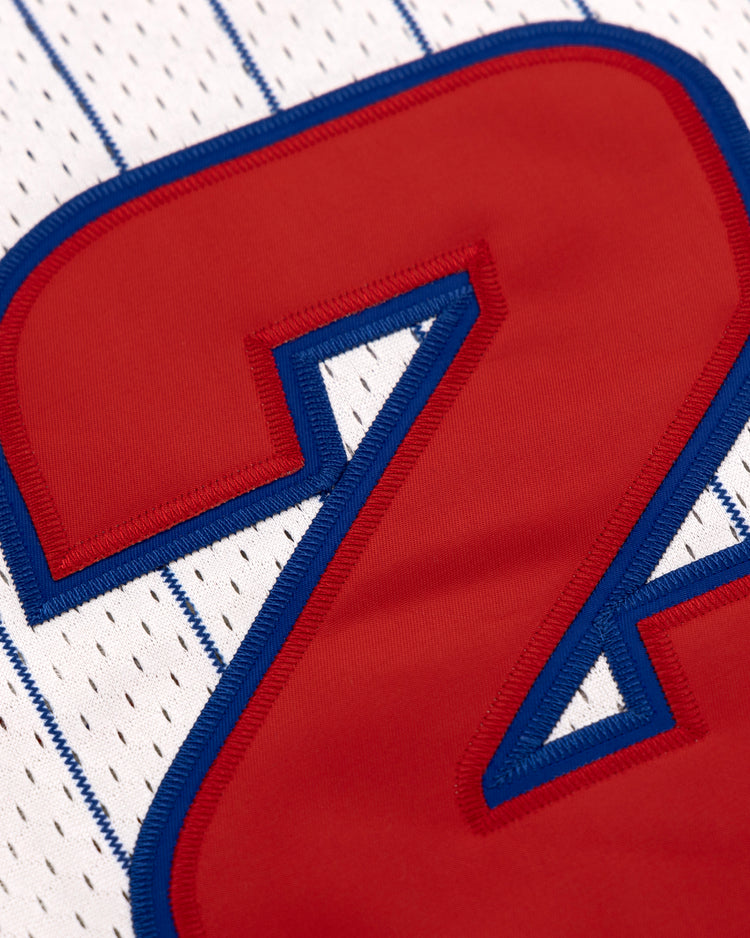 Close-up of a large red number 2 outlined in blue on a Sankei Atoms EFF Pinstripe Button Down Jersey by EFF, featuring thin blue vertical stripes on white.