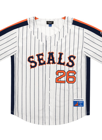 The EFF San Francisco Seals Pinstripe Button Down Jersey features white pinstripes, “SEALS” in orange, number 26 on the front, navy blue side panels, a left sleeve patch, and a “San Francisco Seals” label near the hem.