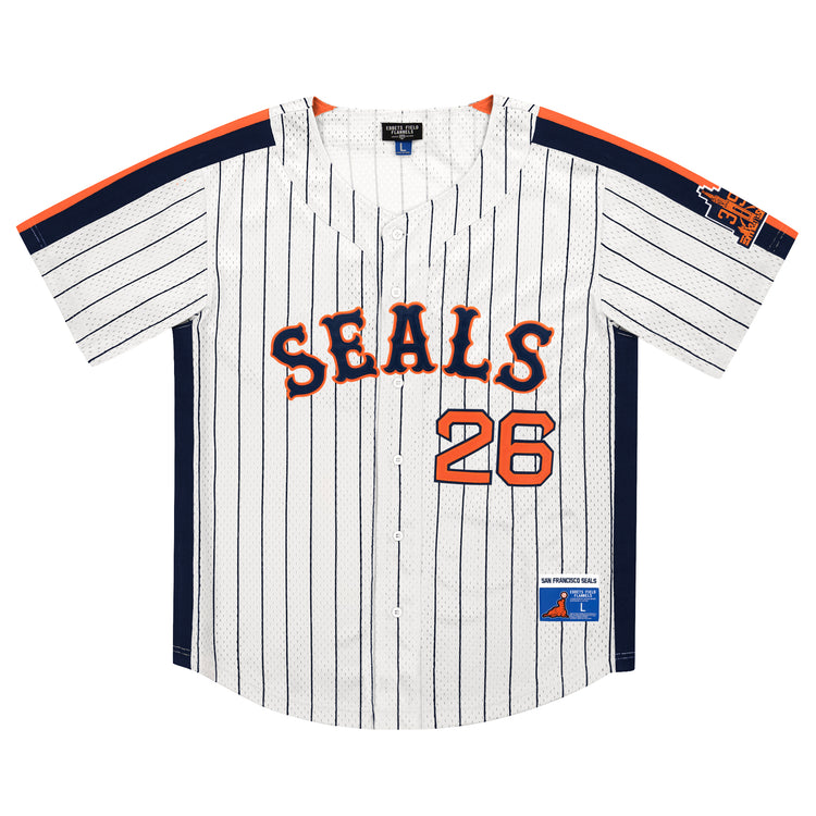The EFF San Francisco Seals Pinstripe Button Down Jersey features white pinstripes, “SEALS” in orange, number 26 on the front, navy blue side panels, a left sleeve patch, and a “San Francisco Seals” label near the hem.