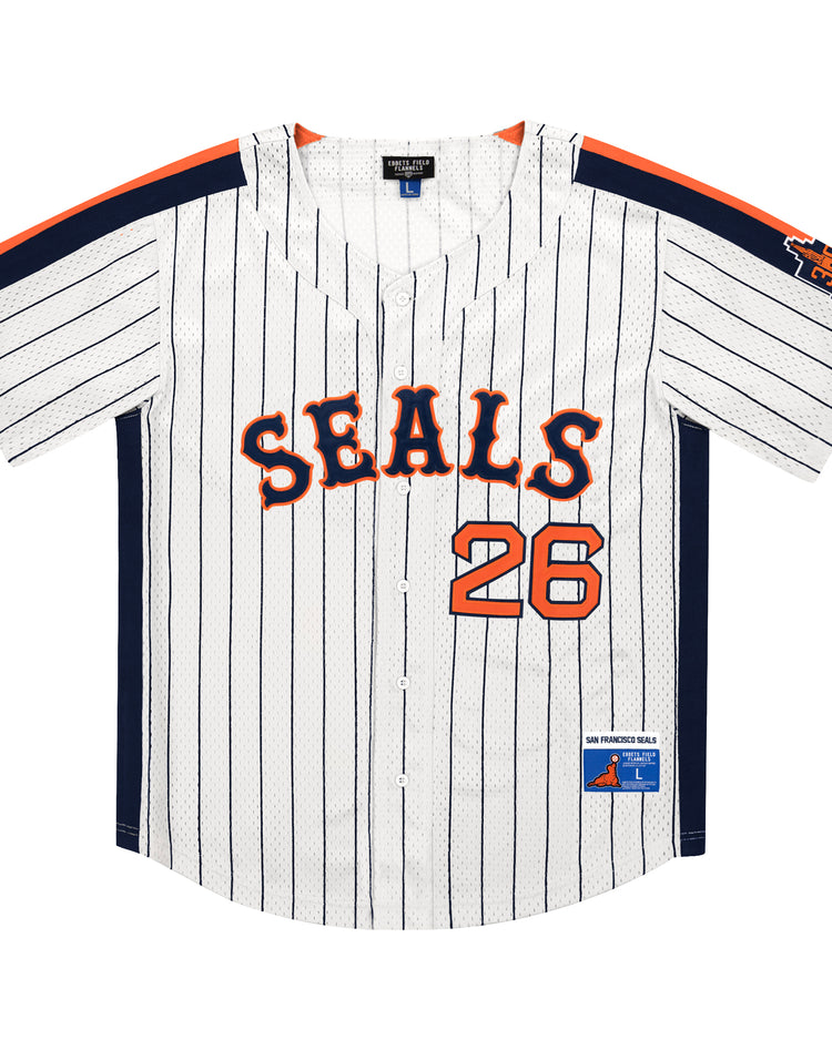 The EFF San Francisco Seals Pinstripe Button Down Jersey features white pinstripes, “SEALS” in orange, number 26 on the front, navy blue side panels, a left sleeve patch, and a “San Francisco Seals” label near the hem.