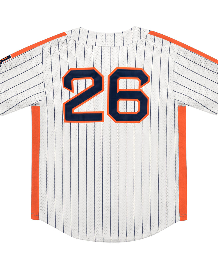The EFF San Francisco Seals Pinstripe Button Down Jersey features thin blue stripes on white, orange side panels, and large navy/orange 26 on the back, plus a left sleeve patch inspired by the classic Seals style.
