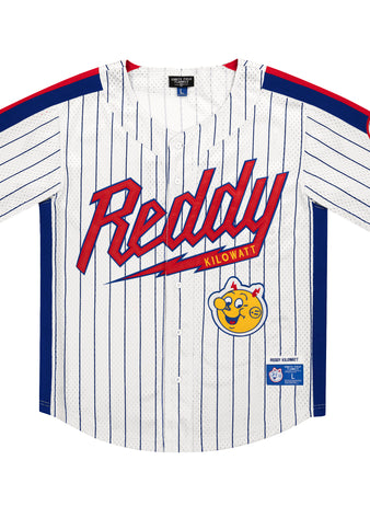 The EFF Reddy Kilowatt EFF Pinstripe Button Down Jersey features blue pinstripes, red and blue accents, Reddy in bold red across the front, and a smiling yellow Reddy Kilowatt patch near the bottom.