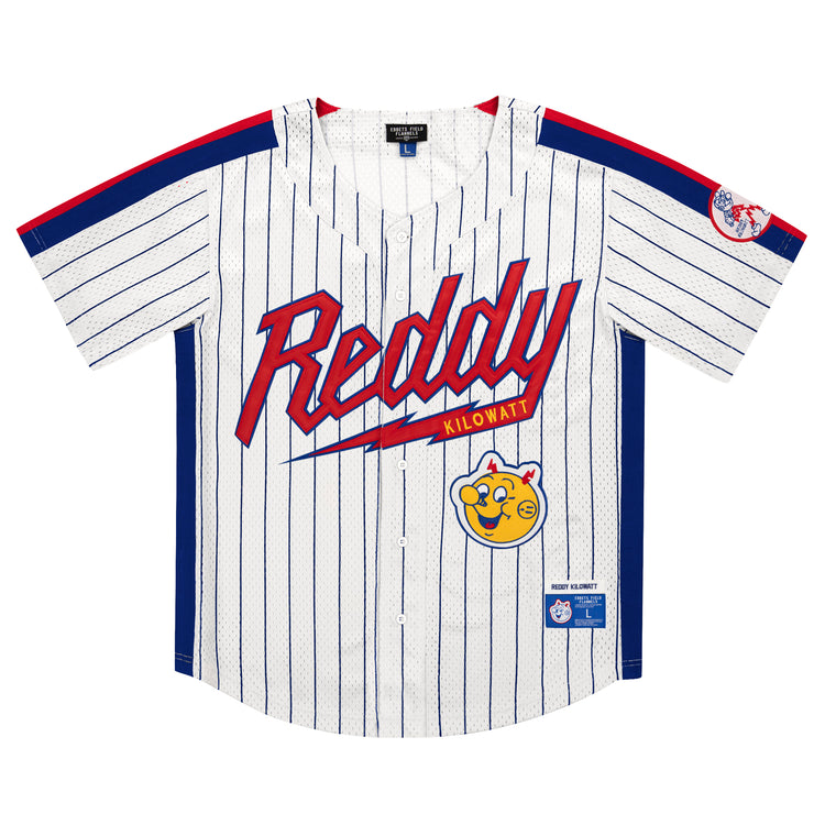 The EFF Reddy Kilowatt EFF Pinstripe Button Down Jersey features blue pinstripes, red and blue accents, Reddy in bold red across the front, and a smiling yellow Reddy Kilowatt patch near the bottom.