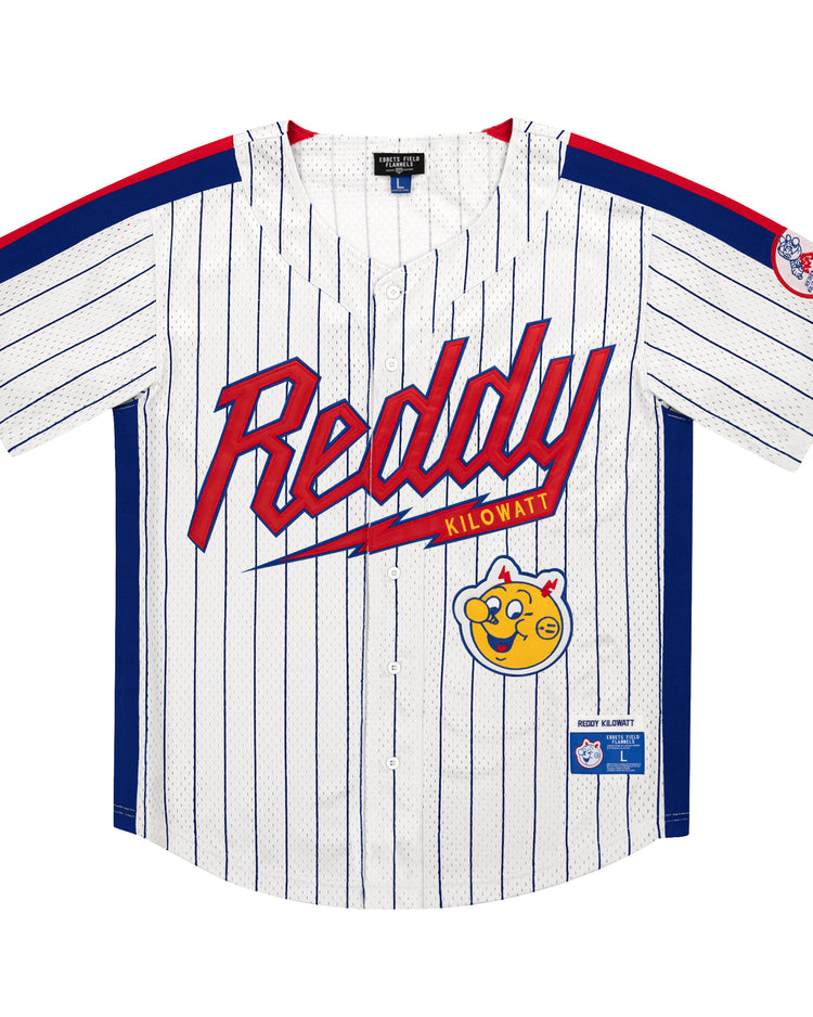 The EFF Reddy Kilowatt EFF Pinstripe Button Down Jersey features blue pinstripes, red and blue accents, Reddy in bold red across the front, and a smiling yellow Reddy Kilowatt patch near the bottom.