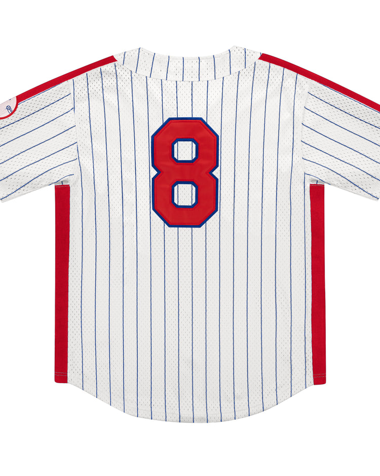 The EFF Reddy Kilowatt Pinstripe Button Down Jersey features blue pinstripes, red side panels, a large red number 8 outlined in blue on the back, and a small patch on the left sleeve.