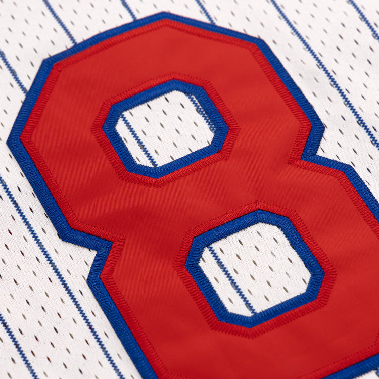 The EFF Reddy Kilowatt Pinstripe Button Down Jersey features a large red number 8 with blue trim, stitched onto white fabric with classic vertical blue pinstripes for a vintage baseball look.