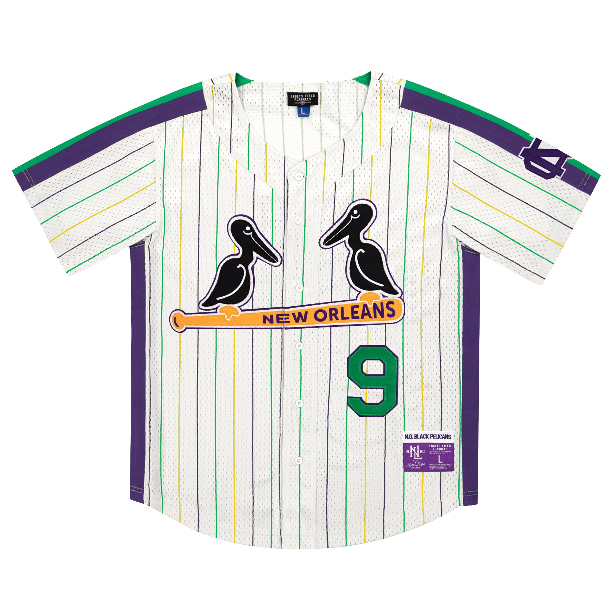 New Orleans Black Pelicans EFF NLB Pinstripe Button Down Jersey - Purple and Green