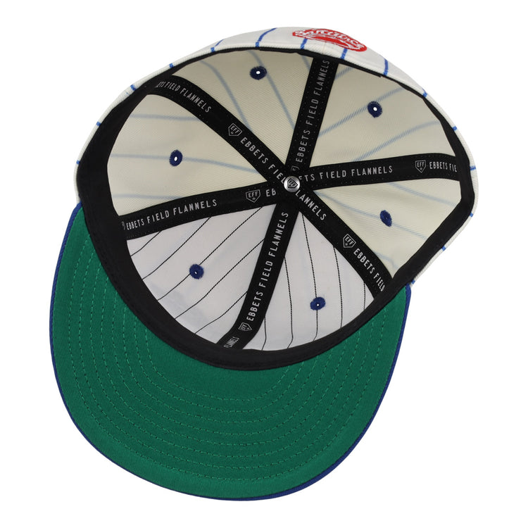 The underside of the Santurce Cangrejeros Pinstripe Fitted Ballcap by EFF features a green brim, black inner band with repeating EFF branding, and white fabric lined with blue pinstripes and small blue dots.
