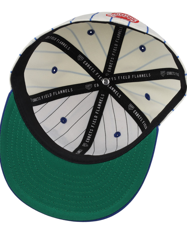 The underside of the Santurce Cangrejeros Pinstripe Fitted Ballcap by EFF features a green brim, black inner band with repeating EFF branding, and white fabric lined with blue pinstripes and small blue dots.