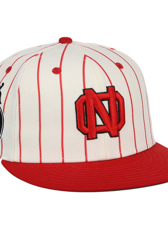 The EFF New Orleans Black Pelicans NLB Pinstripe Fitted Ballcap features red pinstripes, a solid red brim, a bold ND logo, and a black patch honoring the New Orleans Black Pelicans of the Negro Southern League.