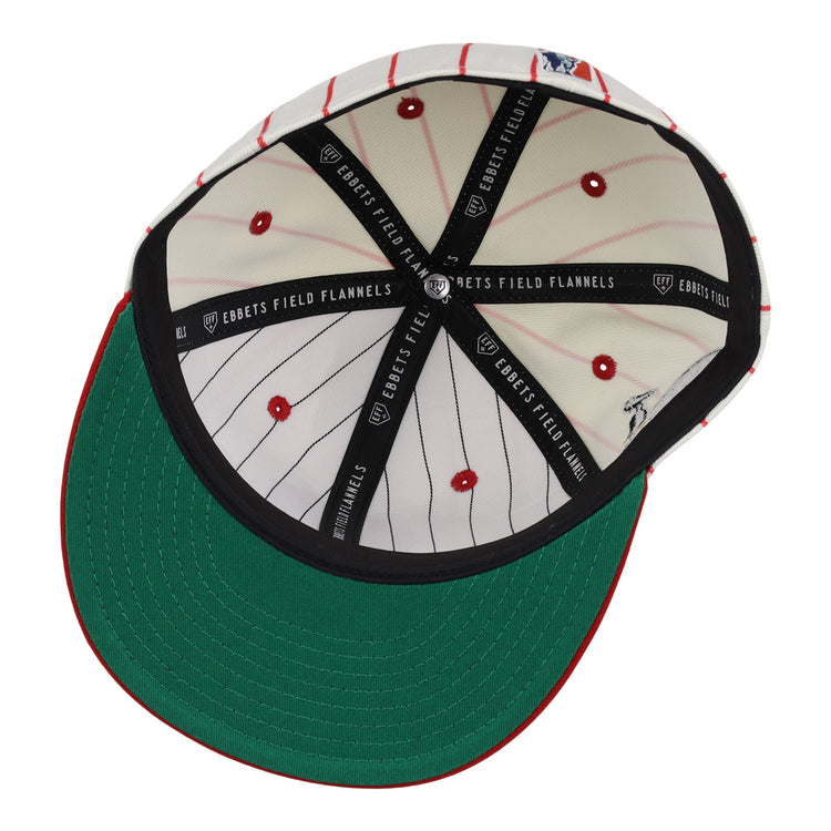 The EFF New Orleans Black Pelicans NLB Pinstripe Fitted Ballcap features a green underbrim, white inner panels with red pinstripes and dots, and black EBBETS FIELD FLANNELS bands, inspired by the Negro Southern League team.