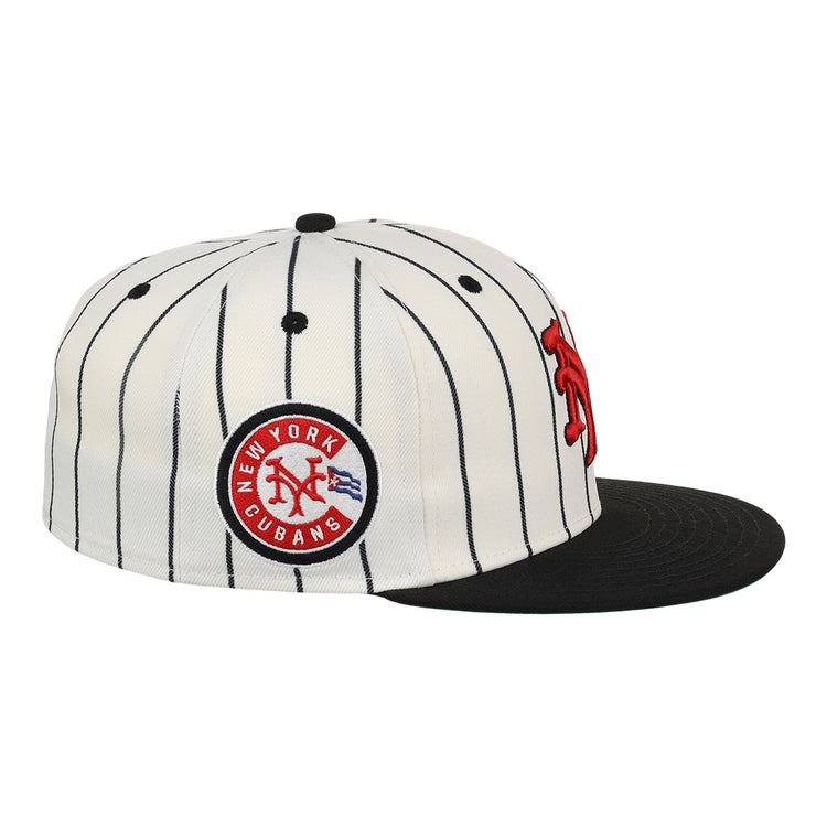 The EFF New York Cubans NLB Pinstripe Fitted Ballcap features white pinstripes, a black brim, red “NY” logo, and a circular New York Cubans patch honoring Black baseball and the Negro National League legacy.