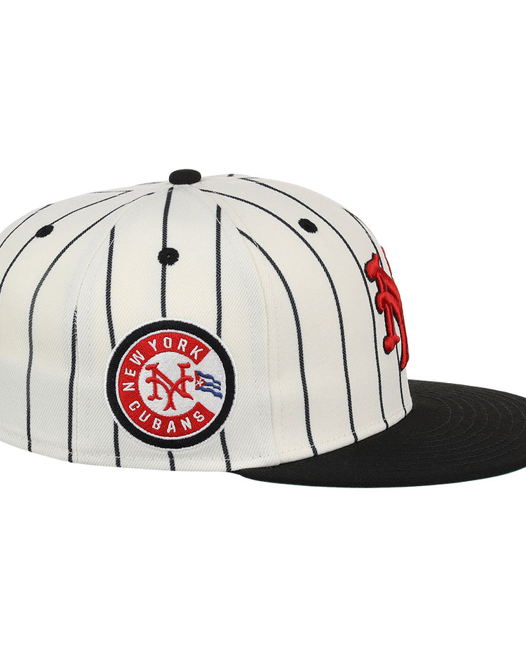 The EFF New York Cubans NLB Pinstripe Fitted Ballcap features white pinstripes, a black brim, red “NY” logo, and a circular New York Cubans patch honoring Black baseball and the Negro National League legacy.