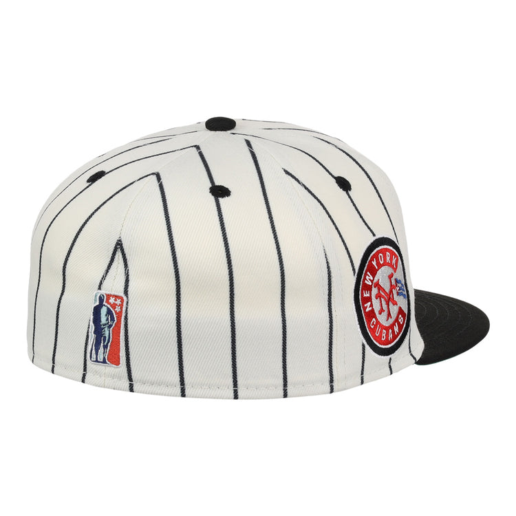 The EFF New York Cubans NLB Pinstripe Fitted Ballcap has white pinstripes, a black brim, a New York Cubans patch on the side, and a Negro National League logo on the back—celebrating Black baseball history in style.